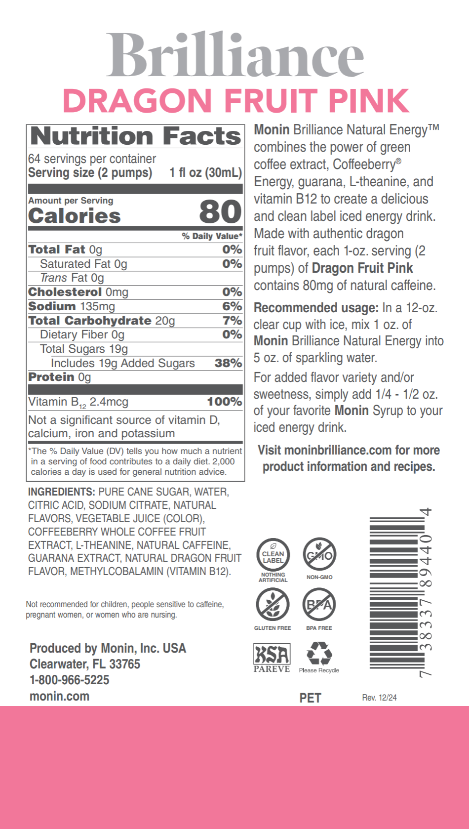 Dragon Fruit Rosa Brilliance Natural Energy Monin